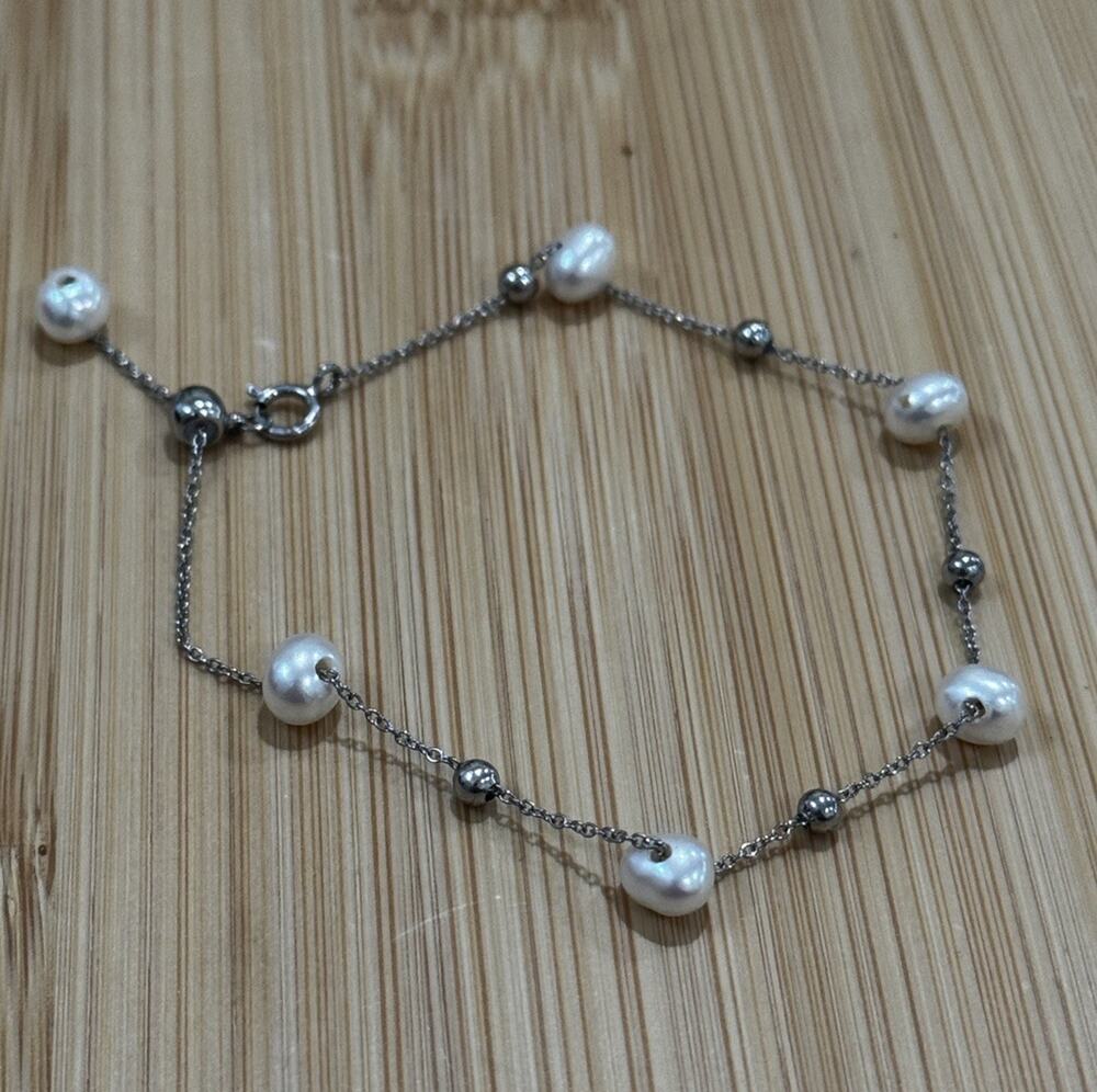 Vintage Sterling Silver Freshwater Pearl & Silver Bead Station Slider Bracelet
